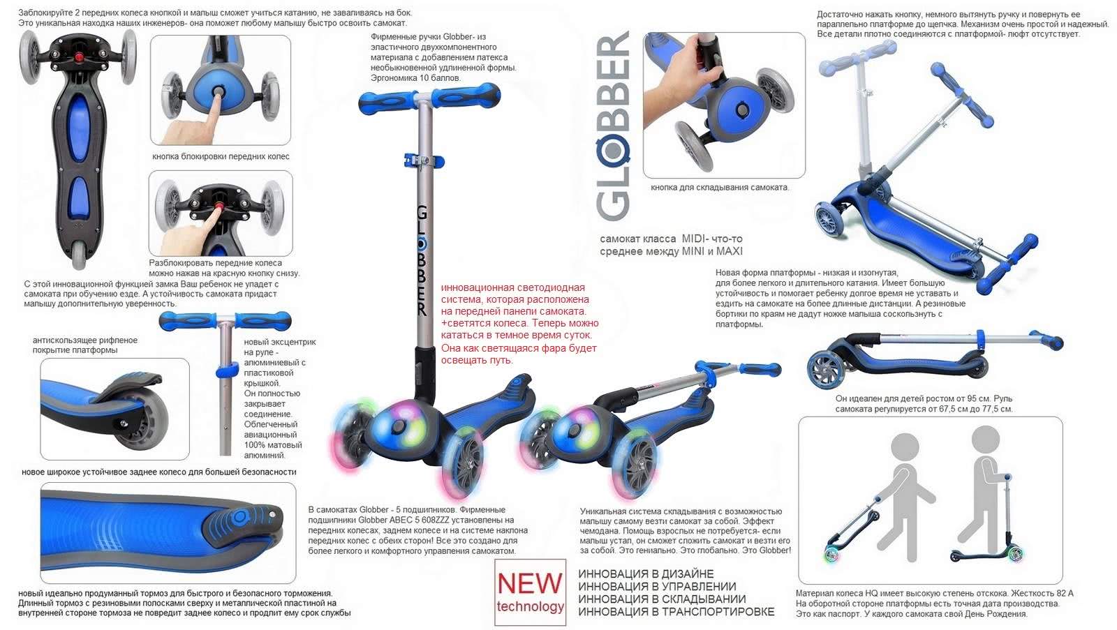 Все преимущества Globber elite f my free FOLD UP light DARK BLUE самокат Globber elite f my free FOLD UP light DARK BLUE